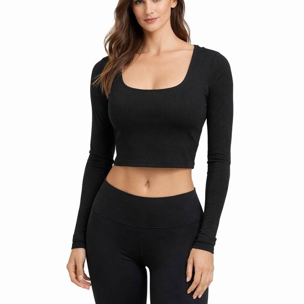 Fabletics Size Small Black Ribbed Cropped‎ Long Sleeve Open Back Top